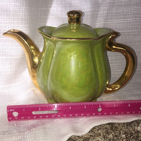 Vintage Pearl Co Teapot Set 22 kt Gold Green Luster Creamer Sugar USA - Picture 5 of 13